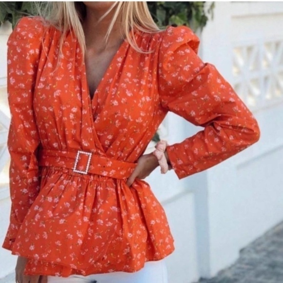 ZARA Belted Floral Wrap Style Long Sleeve Blouse - Picture 2 of 16